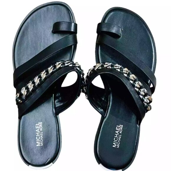 Michael Kors Black Leather Sandals with Silver Chain Design Size 10 - Picture 5 of 13
